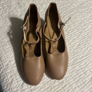So Danca tan t-strap 2 inch heel leather character shoes.